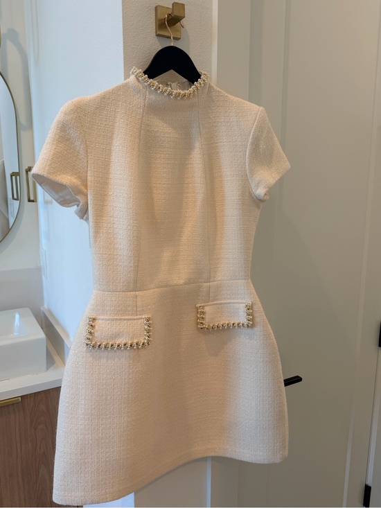 NADINE MERABI Dresses & Skirts - NADINE MERABI Cream Pearl-Trim Tweed Mini Dress
